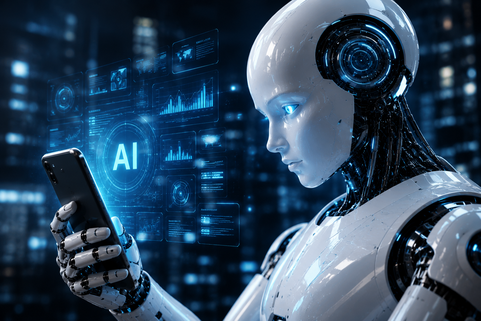 Futuristic AI Robot interacting with digital interface